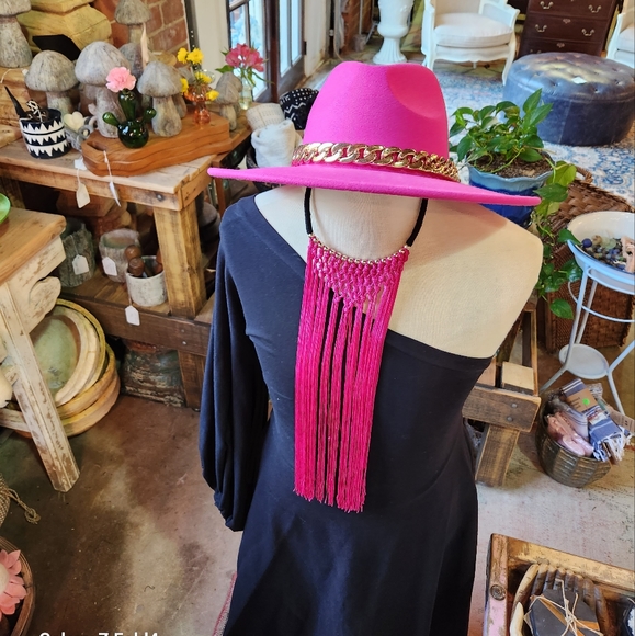 Fuschia Pink Fedora with Faux Gold Chain - Picture 5 of 15